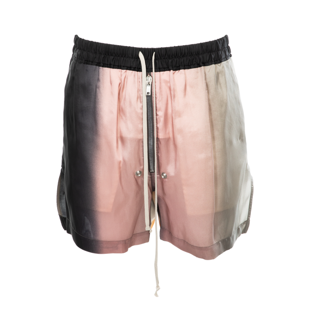 Image 1 of 4 - MULTI - RICK OWENS Bela Boxers featuring above the knee, loose fit, elastic waistband with drawstring, exposed center zipper with two snap detail at bottom, side pockets and splits in the hem at side seams. 100% cupro. 