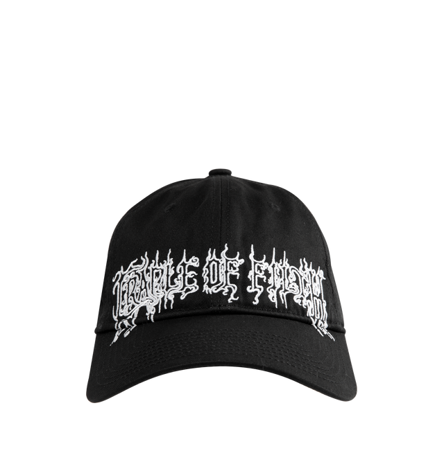Image 1 of 2 - BLACK - VETEMENTS COF Cap featuring six panel construction with fabric covered button at the top, Cradle of filth embroidery at front and adjustable strap. 100% cotton.