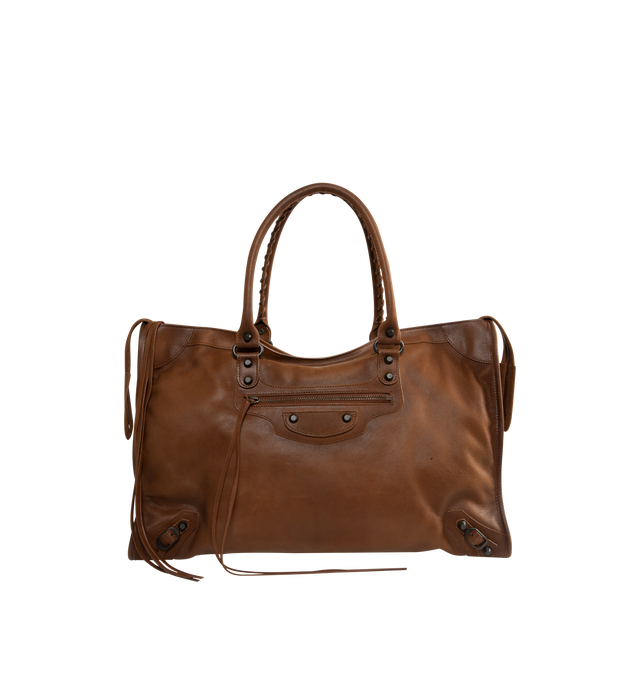Image 1 of 3 - BROWN - Balenciaga Men's Le City Bag Large is crafted from vintage goatskin and features the house's iconic relaxed silhouette with two hand-braided handles detailed with waxed cord. Designed for hand or crossbody carry, this designer bag features an adjustable and removable shoulder strap with shoulder pad, brass hardware, a double-sided zip closure with long tails and knotted leather puller, front zipped pocket, interior zipped pocket, removable mirror with tone-on-tone Balenciaga logo, and