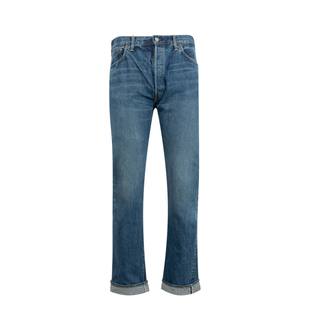 Image 1 of 3 - BLUE - ORSLOW 105 Standard Fit Selvedge Denim featuring 13.7oz exclusive orSlow denim fabric, two-year wash, medium-to-high rise, selvedge detailing and button fly. 100% cotton. Made in Japan.