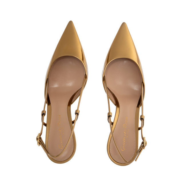Image 4 of 4 - GOLD - GIANVITO ROSSI Ascent Metal Pump featuring an hourglass heel, pointed-toe, slingback, ribbon buckle in gold metal on the ankle strap. Heel height: 3.3 inches/85 mm. 100% calf.