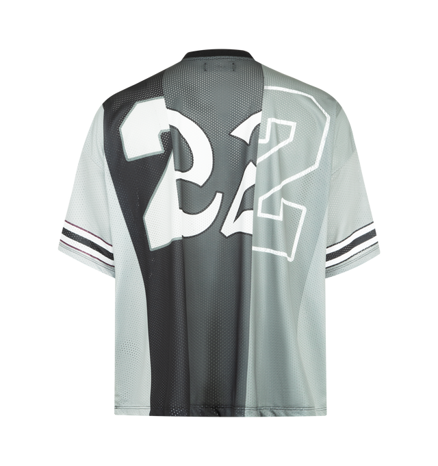 Image 2 of 2 - GREY - AMIRI Spliced Oversized Mesh T-shirt featuring paneled construction, stripes throughout, rib-knit V-neck, logo graphics printed at front, dropped shoulders, text printed at sleeves and back and stripes at sleeves. 100% polyester. Trim: 96% polyester, 4% elastane. Made in Italy.
