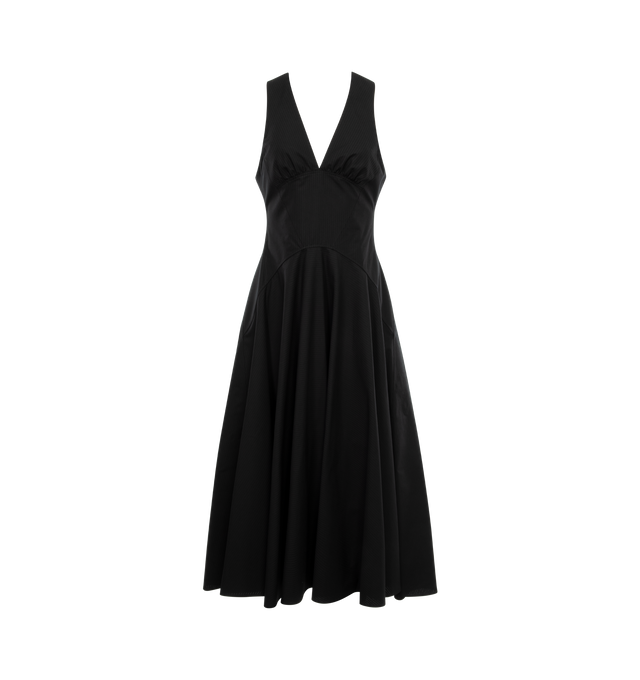 Image 1 of 4 - BLACK - Alaia V-Neck Sleeveless Crossback Cotton Midi Dress fetauring a crossover strappy low back, deep V neckline, fit-and-flare silhouette, below-the-knee length, invisible back zip. Made in Italy. 