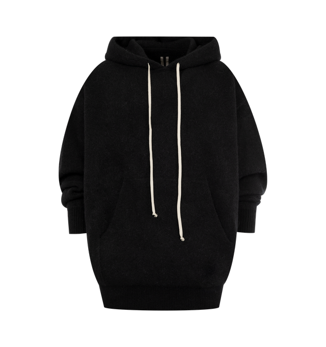 Image 1 of 2 - BLACK - RICK OWENS Hun Hoodie featuring ribbed-knit virgin wool, kangaroo pocket and drawstring hood. 100% virgin wool. Made in Italy.