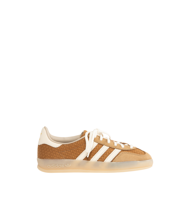Image 1 of 5 - BROWN - ADIDAS Gazelle Indoor Sneaker featuring cotton-weave upper with butter-soft nubuck overlays, regular fit, 3 stripes on side, lace closure, leather and textile lining and semi-transparent rubber outsole.