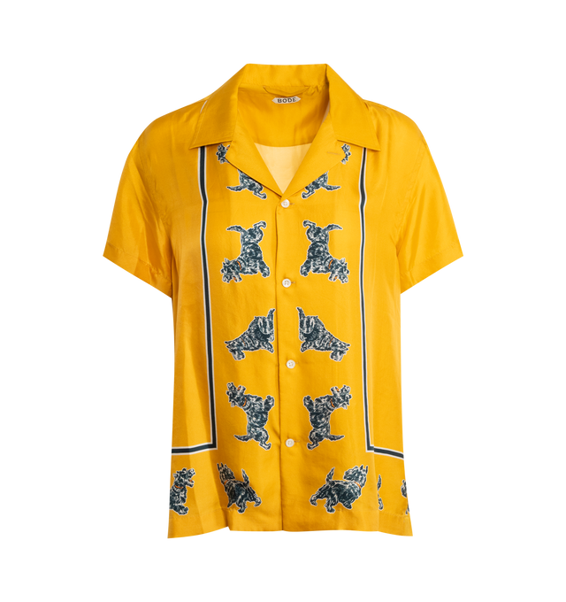 Image 1 of 2 - YELLOW - BODE Running Scottie Short Sleeve Shirt featuring loose fit, camp collar and printed along the edges with a pack of running Scottie dogs. 100% silk. 