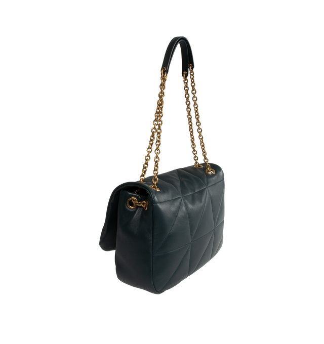 Image 2 of 4 - GREEN - Saint Laurent Medium Jamie 4.3 bag crafted from soft nappa lambskin leather decorated with carre rive gauche quilted top-stitching. This lightweight, compact bag features an adjustable sliding strap for bespoke carry options, organic cotton lining, bronze-toned hardware and flap closure. Measures 11.4" inches wide x 8.3 inches high x 23.5 inches deep with 1119.7 inch strap drop. Made in Italy.