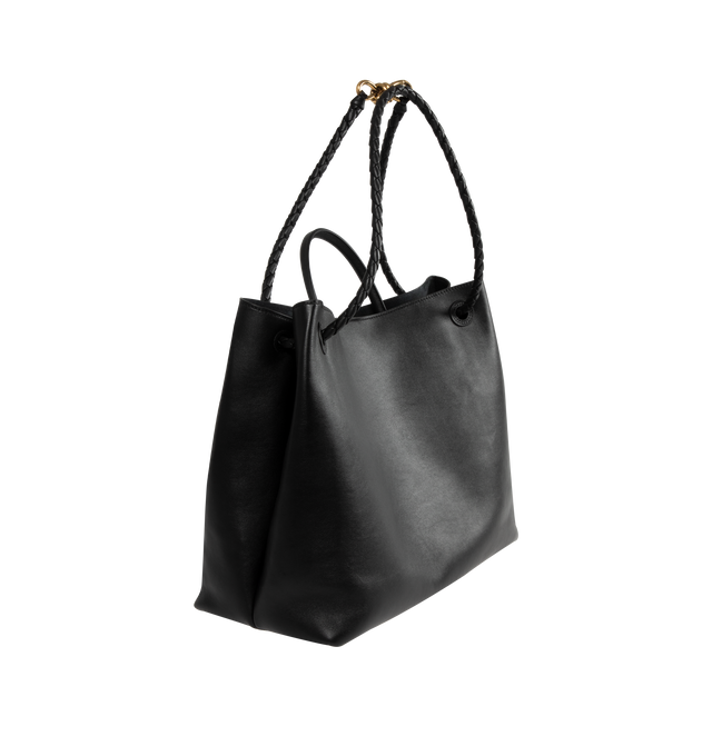 Image 3 of 4 - BLACK - BOTTEGA VENETA Large Andiamo Bag featuring top handle bag in silky calf leather with signature knot detail and sliding cross-body strap, intrecciato leather internal pocket and magnetic closure. Calfskin. Lining: suede. 13.8 x 16.5 x 7.1. Handle drop: 3.5. Strap drop: 17.7. Made in Italy.