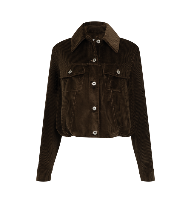 Image 1 of 3 - BROWN - Loewe Women's Jacket in Cotton Corduroy is crafted from medium-weight cotton corduroy and features a balloon silhouette with curved sleeves. Designed in a regular fit with a short length, this fully lined style is detailed with a button front fastening, buttoned chest patch pockets, vertical welt pockets, and leather-backed collar and cuffs. An embossed 'LOEWE' leather patch at the back completes the design. Main Material: Cotton . Fully Lined. Made in Italy.