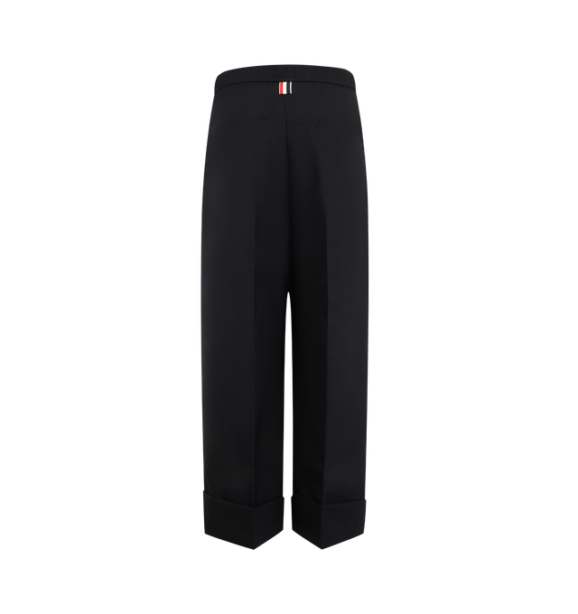 Image 2 of 3 - BLUE - Thom Browne Womens Hopsack Suiting Trousers are crafted from virgin wool hopsack suiting and feature an anchor-detailed button closure with a zip fly, welt hand pockets with anchor-detailed buttons, back welt pockets, creased legs, wide cuffs with internal signature RWB grosgrain trim, tricolor silk lining, and the signature striped grosgrain loop tab. These designer wool trousers combine breathable hopsack tailoring with a timeless straight-leg silhouette for elevated everyday and pro