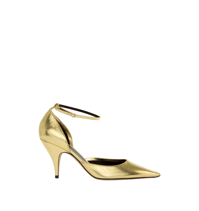 Image 1 of 4 - GOLD - THE ROW Liisa D'Orsay Pump foiled nappa leather, pointed toe and ankle strap with mini buckle closure. 2.75 in. heel. 100% lambskin leather. Leather sole. Made in Italy.