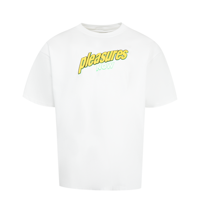 Image 1 of 2 - WHITE - PLEASURES Quench Tee featuring prints that include text on the chest, a soda can graphic on the back, ribbed collar and short sleeves. 100% cotton.