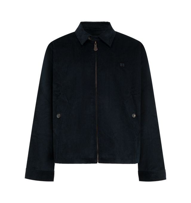 Image 1 of 2 - BLUE - Wales Bonner Men's Drew Jacket is crafted from thick cotton corduroy and presented in a rich navy finish. Designed with a substantial, textured construction, this designer jacket reflects Wales Bonner's refined approach to classic menswear and heritage-inspired materials. Finished with a viscose and wool-blend lining and pure cotton pocket lining for added comfort and structure. Main Material: 100% Cotton. Lining: 85% Viscose, 15% Wool. Pocket Lining: 100% Cotton.