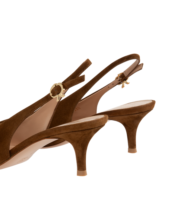 Image 3 of 4 - BROWN - Gianvito Rossi Robbie Slingback 55 crafted from supple suede featuring a pointed-toe and 55mm kitten heel. The back strap is completed with the metallic Ribbon buckle, signature of the Maison. Handmade in Italy. 100% SUEDE.