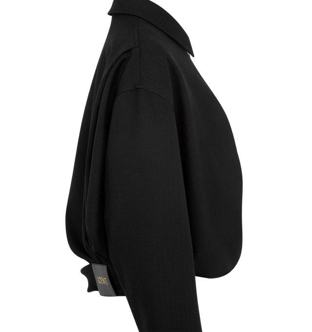 Image 3 of 3 - BLACK - LOEWE Draped Jacket in lightweight wool crepe tailoring featuring asymmetric hand-gathered draping at the back, regular fit, short length, classic collar, zip front fastening, seam pockets, inside welt pocket, fully lined and LOEWE embossed leather patch placed at the back. Wool. Made in Italy.