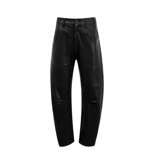 Image 1 of 3 - BLACK - Nili Lotan Shon Leather Pants have a zip fly and a curved silhouette with seam details at the knees, top stitched front and back pockets, and a shank closure. 100% lambskin leather.
