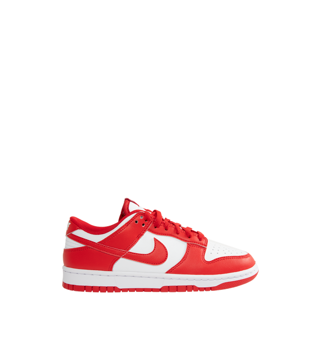 Image 1 of 5 - RED - NIKE Dunk Low Retro featuring synthetic leather upper, foam midsole, rubber outsole with classic pivot circle, padded collar and perforated toe box.