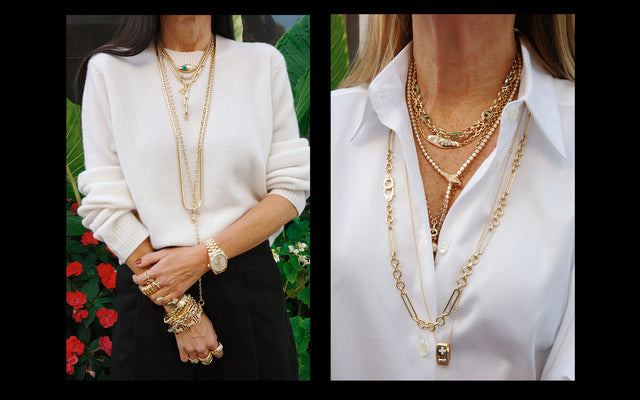 Marci and Lori Hirshleifer wearing multiple gold and diamond jewelry pieces by Hoorsenbuhs, Sidney Garber, Uniform Object and Sophie Bille Brahe