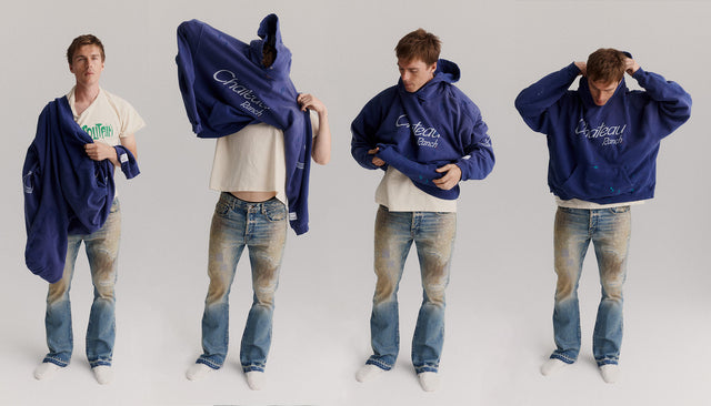 Four images of a man wearing blue Gallery Dept hoodie with a Chateau Ranch graphic and distressed jeans
