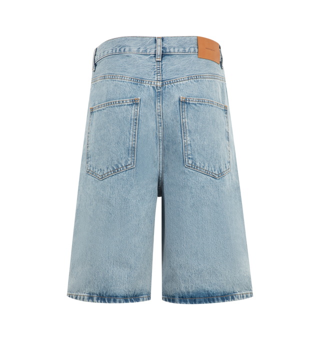 Image 2 of 3 - BLUE - WARDROBE.NYC Denim Low Rise Shorts featuring low-rise, belt loops, five-pocket styling, button zip-fly and long length. 100% cotton.