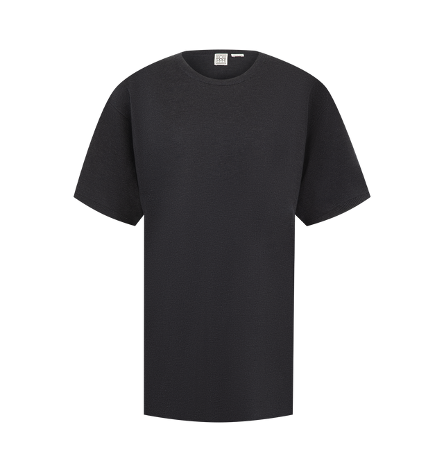 Image 1 of 2 - GREY - Toteme Women's Tee Knit T-Shirt is crafted from a light semi-sheer fluid lyocell and cashmere blend. Designed with an oversized silhouette, this designer top features a crew neckline, short sleeves, dropped shoulders, and ribbed trims for subtle structure and a relaxed drape. Main Material: 90% Lyocell, 10% Cashmere.
