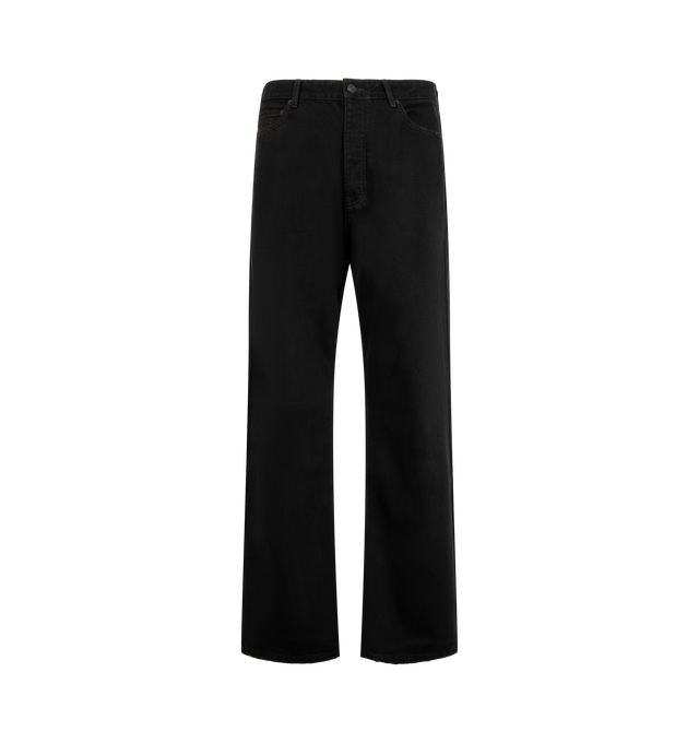 Image 1 of 3 - BLACK - Balenciaga Men's Regular-Fit Jeans are crafted from organic Japanese cotton denim and feature a mid-rise silhouette with a covered zip fly and button closure. Five belt loops, two slash pockets, two back pockets, and a grey leather Balenciaga patch at the back complete the design. Main Material: 100% Cotton. Pocket Lining: 100% Cotton. Leather Detail: Cowskin. Made in Japan.