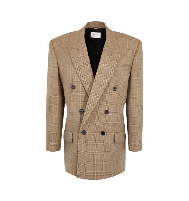 Image 1 of 2 - BROWN - Saint Laurent Womens Double-Breasted Jacket is crafted from certified virgin wool in a Prince of Wales puppytooth weave and features a subtly oversized silhouette with a peaked lapel. Designed with a double-breasted six-button closure, padded shoulders, two front flap welt pockets, a chest welt pocket, two interior jetted pockets, four-button cuffs, and a single back vent. Main Material: Certified Virgin Wool; Lining: Silk. Made in Italy.