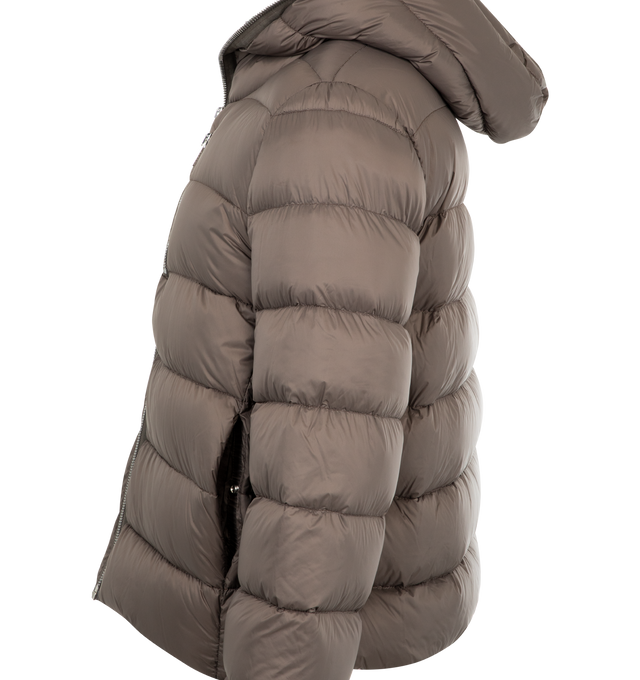 Image 3 of 3 - BROWN - Rick Owens Gimp heavyweight duvet jacket crafted from black matte nylon in a hip-length with long sleeves. Featuring horizontal stitching lines, zippered chest pocket, slit side pockets, and a center-front zipper that runs up all around the hood, so that it can close completely around your face. 100% nylon, water repellent with 100% new wool knit rib cuffs, 100% cotton pocket lining.90% goose down, 10% mallard feather fill.