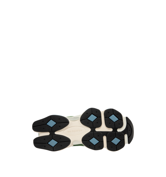 Image 4 of 5 - GREEN - NEW BALANCE 9060 Sneaker featuring mesh upper with suede overlays, dual-density midsole with ABZORB and SBS cushioning, tongue logo inspired by original 991 lace jewel, translucent CR device at heel and diamond outsole pattern.