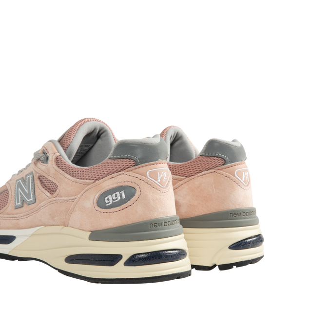 Image 3 of 5 - PINK - New Balance Mens Made in UK 991v2 Sneakers feature a mesh upper with premium pigsuede and synthetic overlays. Designed with FuelCell foam cushioning, ENCAP midsole technology, semi-translucent ABZORB SBS pods, reflective detailing, debossed "N" logo, embroidered "v2" tongue branding, and a durable rubber outsole. Upper: Mesh, Pigsuede, and Synthetic; Midsole: FuelCell, ENCAP, and ABZORB SBS. Made in the UK.
