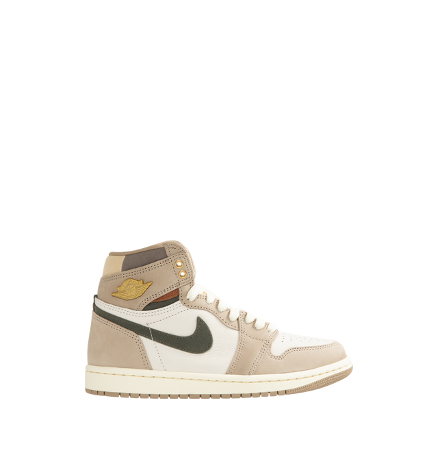 Image 1 of 5 - NEUTRAL - Women's Air Jordan 1 Retro High OG Sneakers feature a premium leather upper with suede overlays, a high-top silhouette, and signature Air Jordan Wings branding for a timeless heritage look. These lifestyle sneakers combine encapsulated Air-Sole cushioning, a perforated toe box, and a durable rubber outsole for lightweight comfort, breathable support, and reliable traction on and off the court. Main Material: Genuine Leather and Suede. Midsole: Encapsulated Air-Sole Unit. Sole: Rubbe