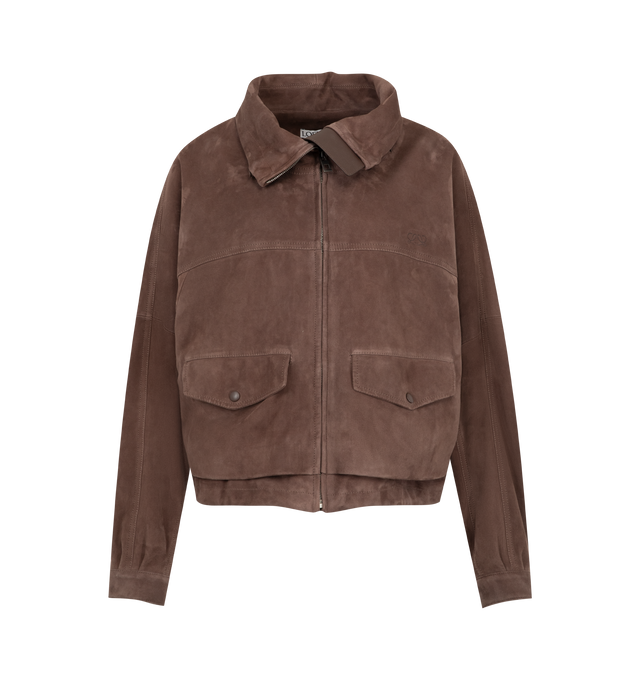 Image 1 of 2 - BROWN - Loewe Womens Suede Goatskin Jacket is crafted from lightweight suede goatskin. Features a relaxed fit, short length, high neck, zip-front fastening, double-layer adjustable hem, contrast leather details, snap-button cuffs, flap pockets, full lining, and embossed Double L at the chest. Main Material: Suede Leather. Made in Italy.