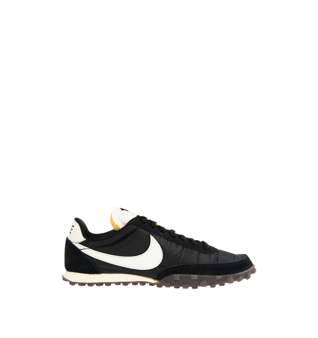 Image 1 of 5 - BLACK - NIKE Waffle Racer Sneaker featuring a moccasin-inspired upper, foam midsole, suede on the upper and rubber Waffle outsole.