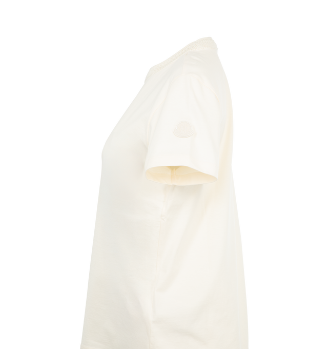 Image 3 of 3 - WHITE - MONCLER Crochet Accent Cotton T-Shirt featuring cotton jersey, crochet crew neck and short sleeves. 100% cotton. Made in Turkey.