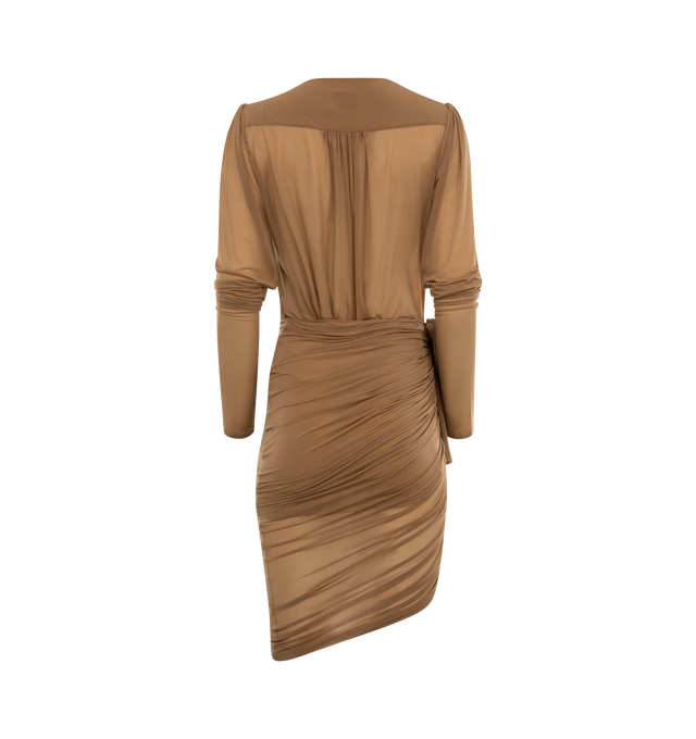 Image 2 of 2 - BROWN - SAINT LAURENT Wrap Dress featuring sheer short wrap dress gathered and tied at the side, surplice neckline, and gathered shoulders. 92% cupro, 8% elastane.