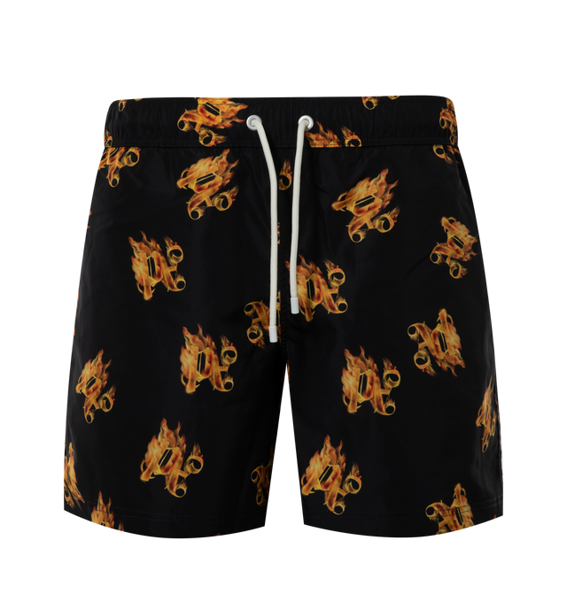 Image 1 of 3 - BLACK - PALM ANGELS Burning PA Swimming Shorts featuring all-over graphic print, elasticated drawstring waistband, two side slit pockets and rear flap pocket. 100% polyester. 