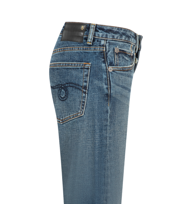 Image 3 of 3 - BLUE - R13 Womens Effie Jeans are crafted from 13 oz. rigid denim and feature a low-rise, relaxed straight-leg silhouette. Finished with a medium Sanford Blue wash and a moderate vintage wear pattern. Main Material: 100% Cotton. Made in the USA.