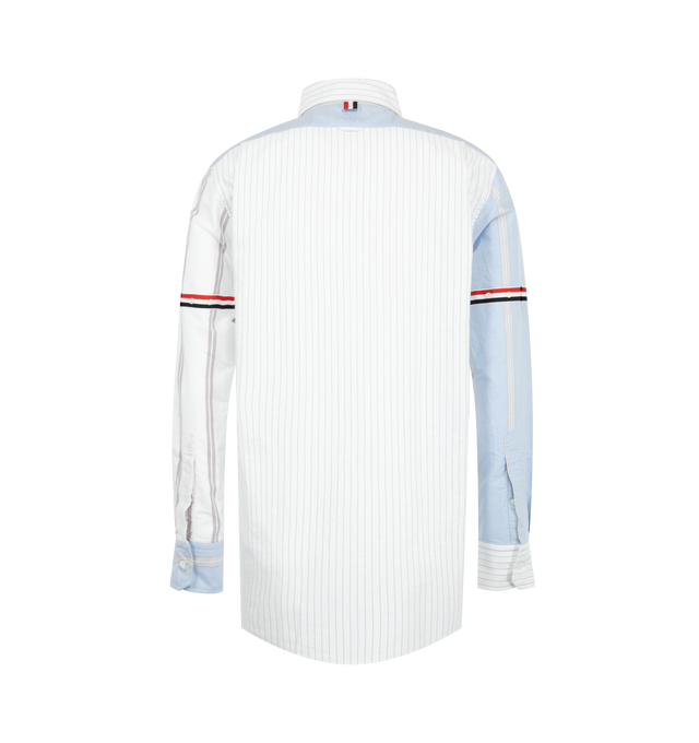 Image 2 of 2 - BLUE - Thom Browne Mens Funmix Straight Fit Button-Down Shirt is crafted from pinstripe Oxford cotton and features a straight-fit silhouette, button-down collar, front button closure, chest patch pocket, signature grosgrain armband, name tag appliqu, pleated back yoke with locker loop, and the signature striped grosgrain loop tab. This designer button-down Oxford shirt combines mixed-pattern detailing with classic tailoring for elevated everyday wear. Main Material: 100% Cotton. Made in Italy