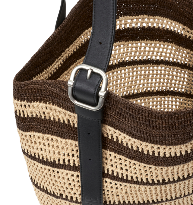 Image 5 of 5 - BROWN - LOEWE PAULA'S IBIZA Loop Basket Bag in raffia featuring two-tone stripes, suitable for a 13 inch laptop, shoulder or hand carry, adjustable handles, unlined, leather trimmings and leather buckled handles with embossed LOEWE. Raffia. 41 cm x 45 cm x 15 cm. Made in Spain.