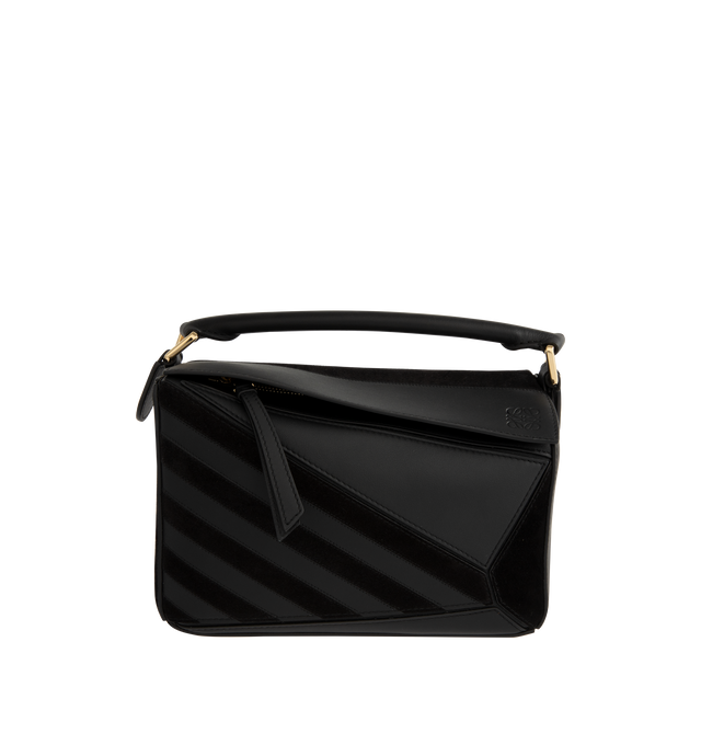 Image 1 of 3 - BLACK - LOEWE Small Puzzle Bag in classic calfskin and suede featuring distinctive geometric lines and cuboid form, intarsio stripes in a colourway-specific pattern, shoulder, crossbody or hand carry, detachable and adjustable strap, zip closure with calfskin pull, one external zip rear pocket, one internal slip pocket, suede lining and embossed Anagram. Classic Calf/Suede. 16.5 cm x 24 cm x 10.5 cm. Made in Spain.