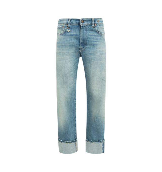 Image 1 of 3 - BLUE - R13 Cuffed Romeo Jeans featuring stretch selvedge denim jeans, fading, whiskering, and distressing throughout, straight-leg, belt loops, five-pocket styling, zip fly, rolled cuffs, leather logo patch at back waistband and logo-engraved antiqued gold-tone hardware. 98% cotton, 2% elastane. Made in Italy.