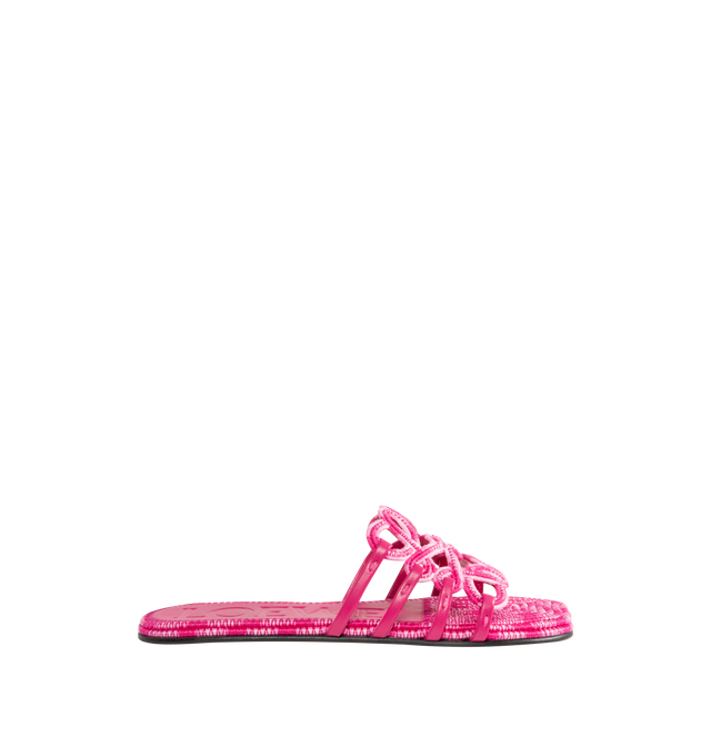 Image 1 of 4 - PINK - LOEWE PAULA'S IBIZA Petal Anagram slide in all-over embroidered cotton canvas blending mixed shades of color threads, featuring a cut-out Anagram upper with hand-stitched seams, petal toe shape, 5mm heel, embossed LOEWE on the insole, padded insole with partial leather covering and rubber-injected island on the outsole. Embroidered canvas. Made in Italy.
