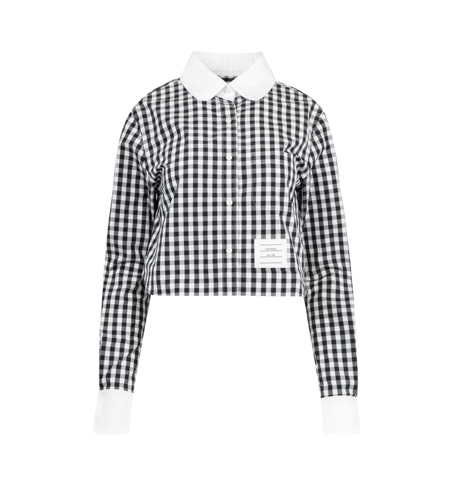 Image 1 of 2 - BLACK - THOM BROWNE Gingham Peter-Pan Collar Shirt featuring gingham-check pattern, round Peter Pan collar, long sleeves, button fastening and cropped hem. 100% cotton.