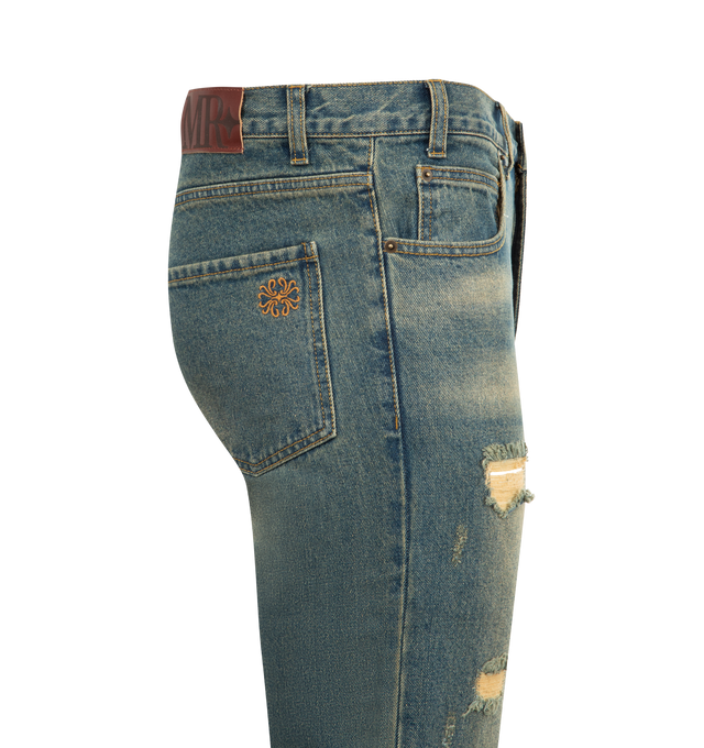 Image 3 of 3 - BLUE - MIDNIGHT RODEO Distressed Denim Jeans featuring zip fly with button closure, 5-pocket design, intentionally distressed denim fabric and rips on front. 100% cotton.