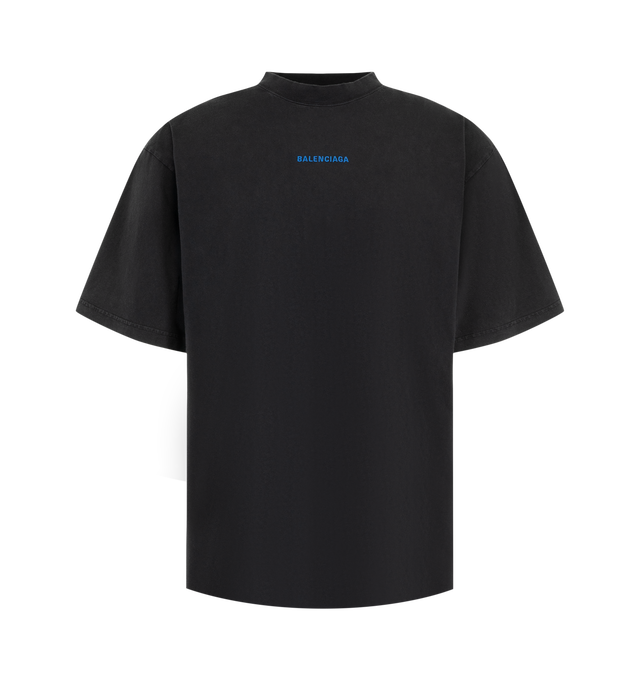 Image 1 of 2 - BLACK - Balenciaga Men's Medium Fit T-Shirt is crafted from dry cotton jersey and features a crewneck, short sleeves, and Balenciaga Back artwork embroidered at the front and back. Main Material: 100% Cotton. Trimming: 99% Cotton, 1% Elastane. Embroidery: 100% Polyester. Made in Portugal.