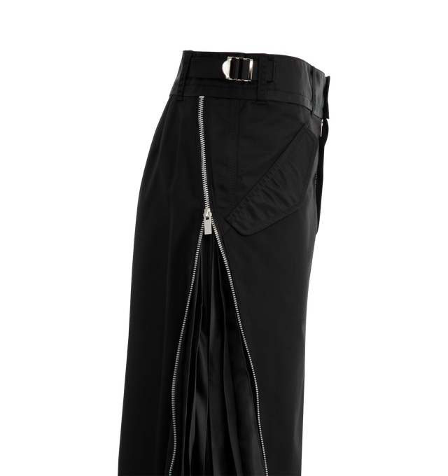 Image 3 of 3 - BLACK - SACAI Suiting Mixed Media Midi Skirt featuring zipped side slits reveal pleated panels, zip fly with button closure, front flap pockets and adjustable waist. 70% polyester, 30% wool with 100% nylon contrast. Made in Japan.