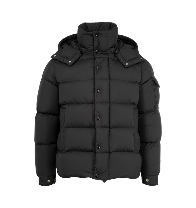 Image 1 of 4 - BLACK - MONCLER Maya 70 Hooded Short Down Jacket featuring recycled polyester, polyester lining, down-filled, detachable and adjustable hood, zipper and snap button closure, zipped pockets, sleeve pocket with snap button closure, adjustable cuffs, hem with drawstring fastening and logo. 100% polyester. Padding: 90% down, 10% feather.