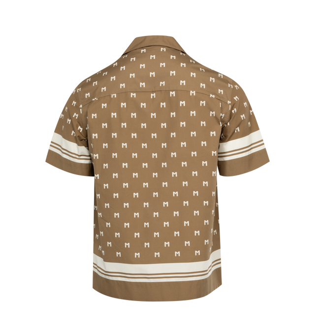 Image 2 of 2 - BROWN - MONCLER Monogram Print Shirt featuring cotton poplin, collar, short sleeves, snap button closure and logo patch. 100% cotton. Made in Romania.