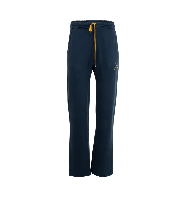 Image 1 of 3 - NAVY - RHUDE Classique Sweatpants featuring heavyweight cotton-blend fleece, drawstring at elasticized waistband, three-pocket styling, logo embroidered at front and gusset at inseam. 98% cotton, 2% polyester. Made in United States.