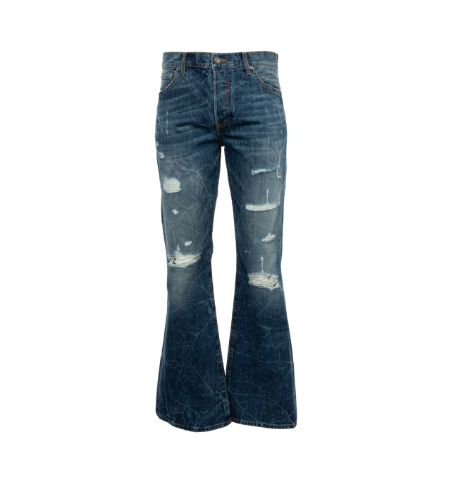 Image 1 of 4 - BLUE - COUT DE LA LIBERTE Jimmy Crispy Rigid Flare Jeans featuring five-pocket style, zip fly, button closure and flare hem. 100% cotton. 